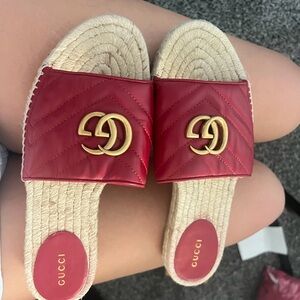 Gucci Red Quilted Slide Sandals with Gold Double G